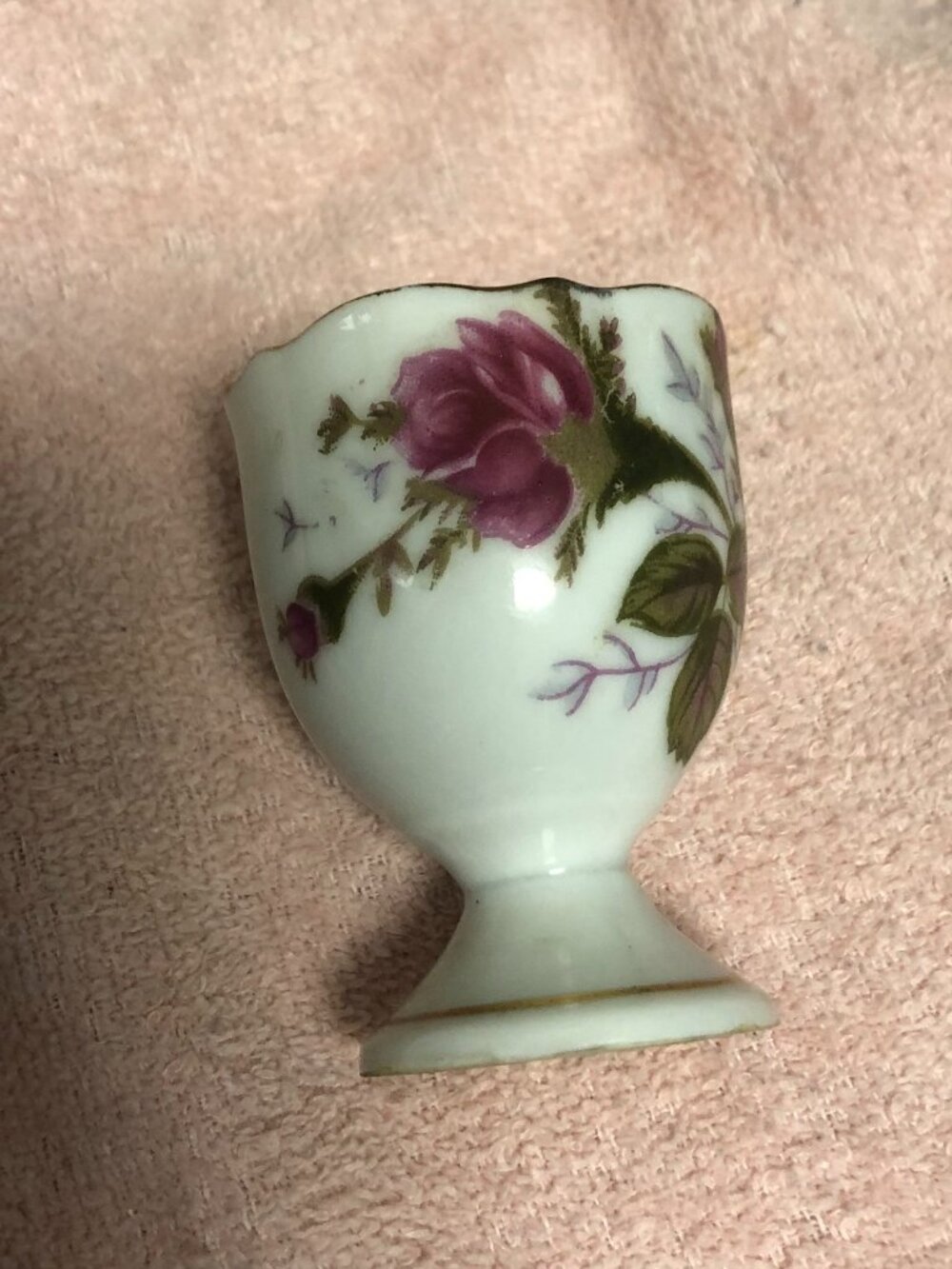 3 Japanese Vintage Moss Ross Pink Rose Egg Holders w/ Plate
